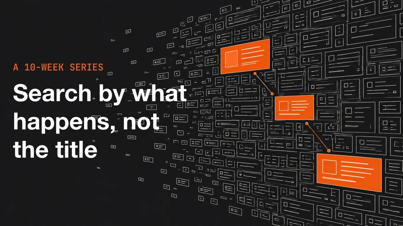A dense field of flat tiles thinning toward the left, with three ranked results picked out in orange, next to the text "A 10-week series - Search by what happens, not the title"