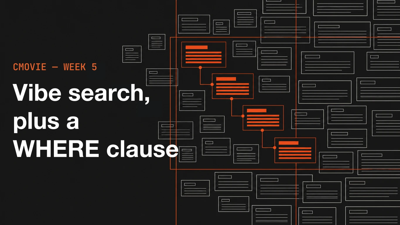 A field of outlined movie record cards, with a chain of four orange cards linked by orange lines inside two crossing orange frames, next to the text "cMovie - Week 5 - Vibe search, plus a WHERE clause"
